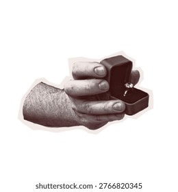 Trendy Halftone sticker mimicking collage torn out old photo. Vector Isolated Y2K pop art element with Retro grain dotted texture transparent background. Cut out Hand holding open ring box, proposal