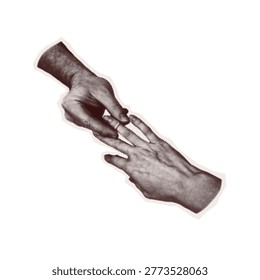 Trendy Halftone sticker mimicking collage torn out old photo. Vector Isolated Y2K pop art element with Retro grain dotted texture transparent background. Cut out Hand putting engagement ring on finger