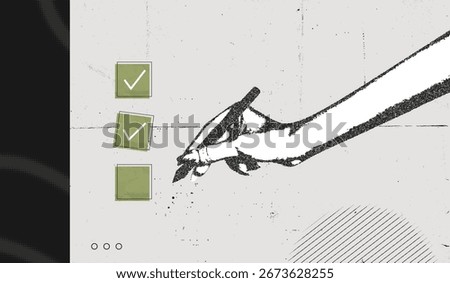 Trendy Halftone Stipple Collage Hand with pen and check list. Organized task processing. Project plan. Completed to do list banner. Grunge and vintage. Vector illustration art