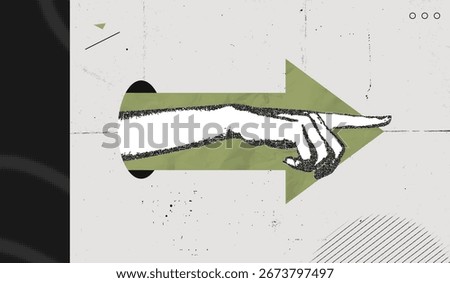 Trendy Halftone Stipple Collage Hand pointing finger and forward arrow. Business success and startup development. Social media marketing and promotion. Indicate direction. Vector illustration art