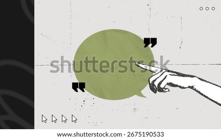 Trendy Halftone Stipple Collage Hand showing speech bubble message. Social media communication. Empty space for quote, plan and idea. Creative abstract poster. Vector illustration art