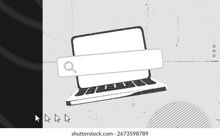 Ordenador portátil de moda del efecto de Stipple del semitono con la barra de la Búsqueda. Concepto de marketing Seo. Trabajo de búsqueda en línea. Cartel del grunge y del vintage. Arte de Ilustración vectorial