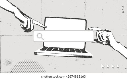 Ordenador portátil de moda del efecto de Stipple del semitono con la barra de la Búsqueda y las manos. Concepto de marketing Seo. Trabajo de búsqueda en línea. Cartel del grunge y del vintage. Arte de Ilustración vectorial