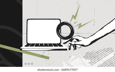 Trendy Halftone Stipple effect Computer laptop and hand holds magnifying glass. Search for information on internet. Find job online. Hr looking for employees. Retro vintage vector illustration art