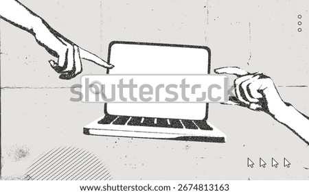 Trendy Halftone Stipple effect Computer laptop with Search bar and Hands. Seo marketing concept. Online search job. Grunge and vintage poster. Vector illustration art
