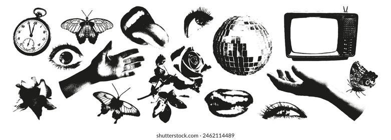 Trendy halftone stipple effect elements set Mouths, eyes, hands, rose, butterfly, old TV, vintage watch and disco ball. Grunge punk grain dots texture for y2k collage design Modern vector illustration