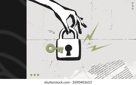 Trendy Halftone Stipple effect Hand holding padlock. Data is protected. Cyber security network. Confidentiality of personal information. Innovation technology. Retro vintage vector illustration art
