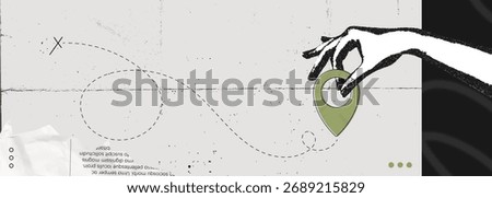 Trendy Halftone Stipple effect Hand holds location pin. Vintage art with position element. Delivery route. Travel way and find trip. GPS point navigation. Transport logistic. Vector illustration