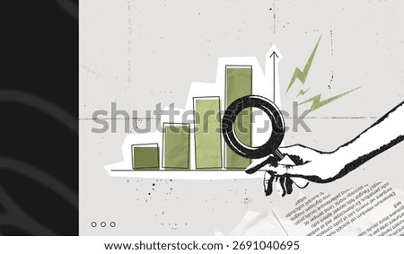 Trendy Halftone Stipple effect Hand holding magnifying glass with up chart. Stock market statistics chart. Finance business data graph. Trending upwards. Retro vintage vector illustration art