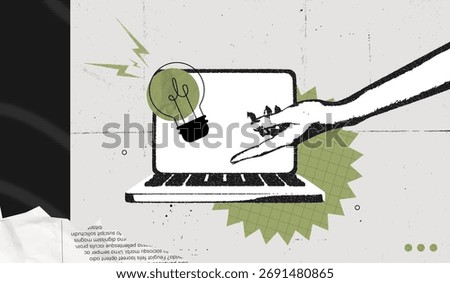 Trendy Halftone Stipple effect Laptop and Hand holds lightbulb. Creative mind or brainstorm. Online education and study. Business solutions. Marketing time. Retro vintage vector illustration art
