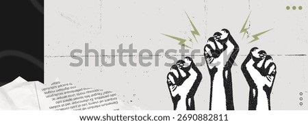 Trendy Halftone Stipple effect Raised Fist up. Demonstration of protest. Fight for your rights. Showing power. American women protesting. Political news. Magazine style. Retro vector illustration art