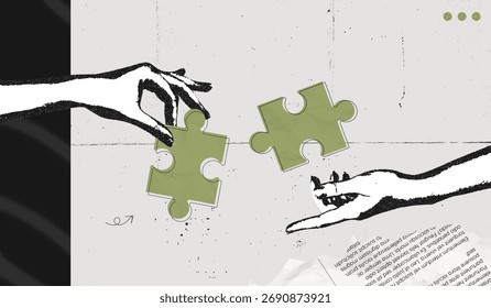 Trendy Halftone Stipple effect Two Hands combine puzzle pieces. Teamwork and brainstorm concept. Business idea and solution. Partnership relationship. Retro vintage vector illustration art