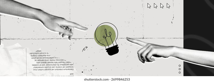 Trendy Halftone Stipple effect Two Hands with lightbulb. Creative mind or brainstorm. Create creative idea concept. Business solutions. Think outside the box. Marketing time. Vector illustration art
