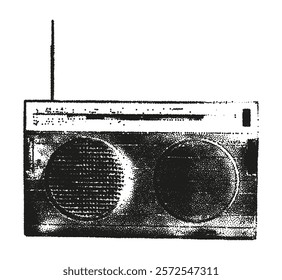 Trendy halftone stipple element with photocopy effect. Retro musical receiver, vintage radio station with antenna. Grunge punk dotted sticker for collage, vector illustration for poster, print, banner