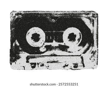 Trendy halftone stipple element with photocopy effect. Vintage transparent music cassette tape. Grunge punk dotted sticker for collage, modern retro vector illustration for poster, print, banner