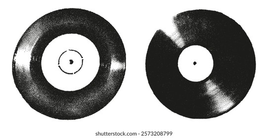 Elementos de pontilhado de meio-tom moderno com efeito de fotocópia. Vintage discos de vinil, discos de gramofone Grunge punk pontilhado adesivos para colagem, ilustração vetorial retro moderno para cartaz, impressão, capa de música