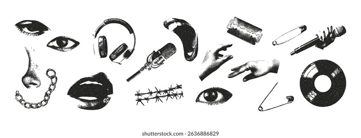 Trendy halftone stipple monochrome music elements set. Eye, mouth, microphone, vinyl record, nose, pin, chain. Grunge punk dots texture for collage design. Vector.