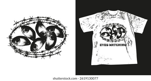 Trendy meio-tom stipple t camisa impressão. Olhos e arame farpado grunge design de estilo urbano com textura de grãos punk. Ilustração vetor de fotocópia retrô para moletom, roupas, capuz, roupas de rua