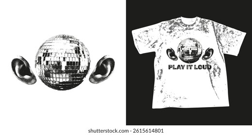 Trendy halftone stipple t-shirt print. Disco ball with ears grunge punk design with grain gritty texture. Modern retro photocopy vector illustration for clothes, hoodie, street wear, sweatshirt