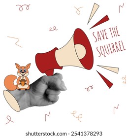 Trendy Halftone stipplism effect hand and megaphone. Save the Squirrel concept isolated white background. Squirrel peanet vector illustration. EPS 10