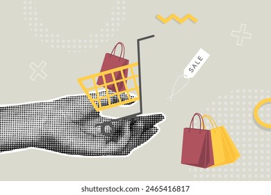 Trendy halftones business concept collage. Vector illustration of online sales, sale time, increase sales, retro shopping time. Creative concept for web banner, social media banner