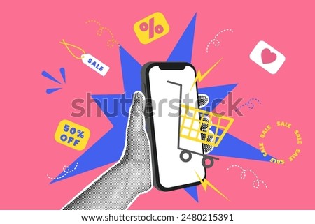 Trendy halftones collage business concept. Online shopping concept, delivery service, favorable terms. Trendy modern retro illustration in bright trendy colors. Banner concept with sale.