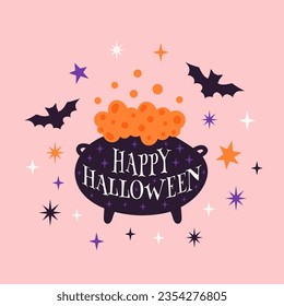 Trendy Halloween design with witch cauldron, bats, stars and typography. Pink background. Hand drawn vector cute illustration perfect for greeting card, banner, poster, invitation.