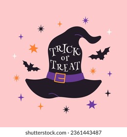 Trendy Halloween design with witch hat, bats, stars and typography. Pink background. Hand drawn vector cute illustration perfect for greeting card, banner, poster, invitation.