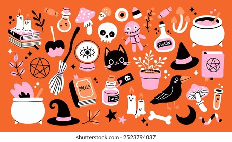 Trendy Halloween element set. Witch craft, cat, raven, witch hat, potion and cauldron. For card, sticker, poster