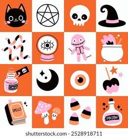 Trendy Halloween geometric pattern. Witch craft, cat, raven, witch hat, potion and cauldron. For card, sticker, poster