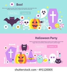 Trendy Halloween Party Web Banners. Vector Illustration for Website Header. Boo Modern Flat Design.