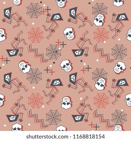 Trendy halloween pattern with geometric skulls and spider web. Creative teens fashion textile vector ready for print.