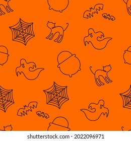 Trendy Halloween seamless pattern in doodle style on orange background for fashion print, wallpaper, gift wrapping paper etc.