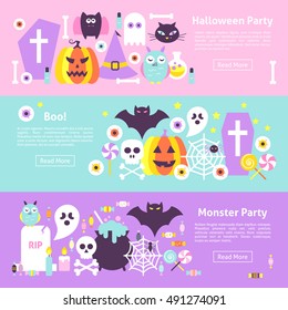 Trendy Halloween Web Horizontal Banners. Flat Style Vector Illustration for Website Header. Trick or Treat Objects.