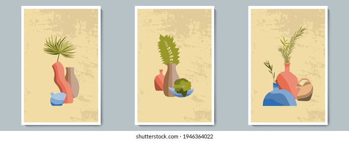 Trendy Hand Draw Pottery Vase Set with Tropical Plants at Texture Background. Ancient Ceramic jug for Greeting cards, Poster, Home Decor, Wallpaper in Ecological Antique style.
