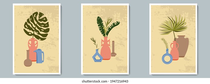 Trendy Hand Draw Pottery Vase Poster Set with Tropical Plants at Texture Background. Ancient Ceramic jug for Greeting cards, Poster, Home Decor, Wallpaper in Ecological Antique style.
