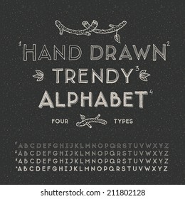 Trendy hand drawing alphabet, vector illustration.