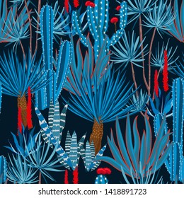 Trendy Hand drawing Cactus Plant and flowers Seamless Pattern. Exotic Tropical Summer Botanical Background in Vector ,Summer sky blue shade on navy blue background color