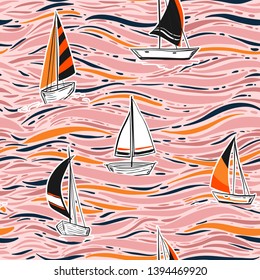 Trendy Hand drawing colorful wind surf seamless pattern in vector.on the ocean illustration. Summer beach wave illustration on pink background color.