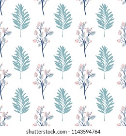 trendy hand drawing seamless leaf pattern, tropical leaves in blue colors for fabric, wrapping or packaging design, vector illustration
