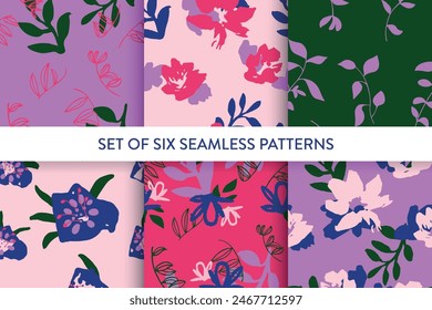 Trendy hand drawn abstract flowers, leaves seamless repeat pattern set. Vector illustration. No AI generated content in this pattern collection.