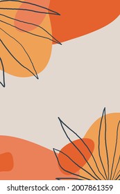 Trendy hand drawn artistic background template for cover, invitation, banner, placard, brochure, poster, stories, card, flyer, social networks. Lines, shapes and palm leaf. Copy space