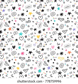 Trendy hand drawn background. Abstract seamless pattern with different design elements. Modern stylish texture. Geometric colorful shapes. Vector illustration