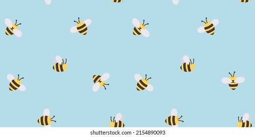 Trendy hand drawn bee seamless background. Cute summer or spring pattern with flat style bees and blue background. Cartoon bee vector illustration