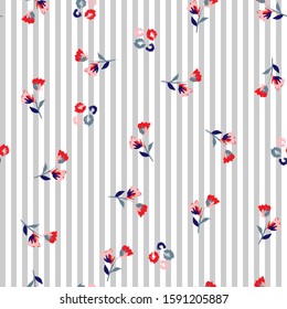 Trendy hand drawn blooming flowers bright mood on light grey vertical stripe seamless pattern Design for fashoin fabric ,wallpaper book , card and etc