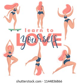 Trendy Hand drawn calligraphy. Learn to love yourself phrase Lettering with Plus Size Happy Girl. Vector Illustration EPS 10. Can use for poster design, card, t-shirt print, web.