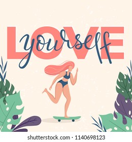 Trendy Hand drawn calligraphy. Love yourself phrase Lettering with Plus Size Happy Girl. Vector Illustration EPS 10. Can use for poster design, card, t-shirt print, web.