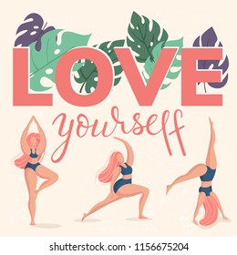 Trendy Hand drawn calligraphy. Love yourself phrase Lettering with Plus Size Happy Girl. Vector Illustration EPS 10. Can use for poster design, card, t-shirt print, web.