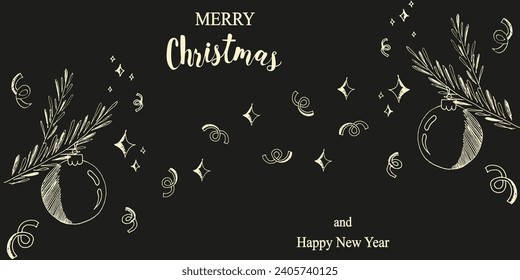 Trendy Hand Drawn Christmas banner with Doodle XMAS ball on the Christmas tree branch. Holiday poster with copy space. Creative Vector illustration for web and social media background.