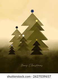 Trendy handgezeichnete Weihnachts-Vektorkarte. Tannen einzeln auf unscharfem gelb-grünem Hintergrund. Xmas Illustration Ideal für Karte, Grüße. Bäume und Sterne. Frohe Weihnachtswünsche. RGB